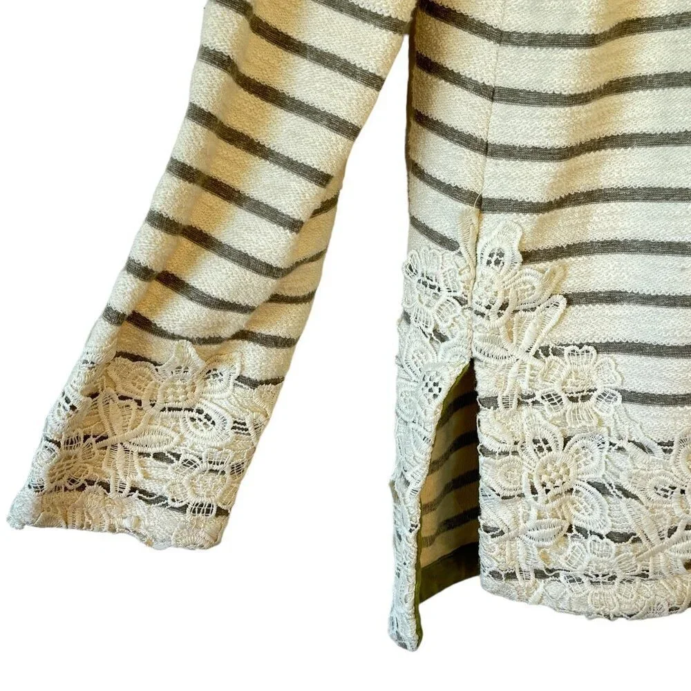 Matilda Jane Classic with a Twist Top Grey and Cream Stripe Lace Trim Drop Cut M